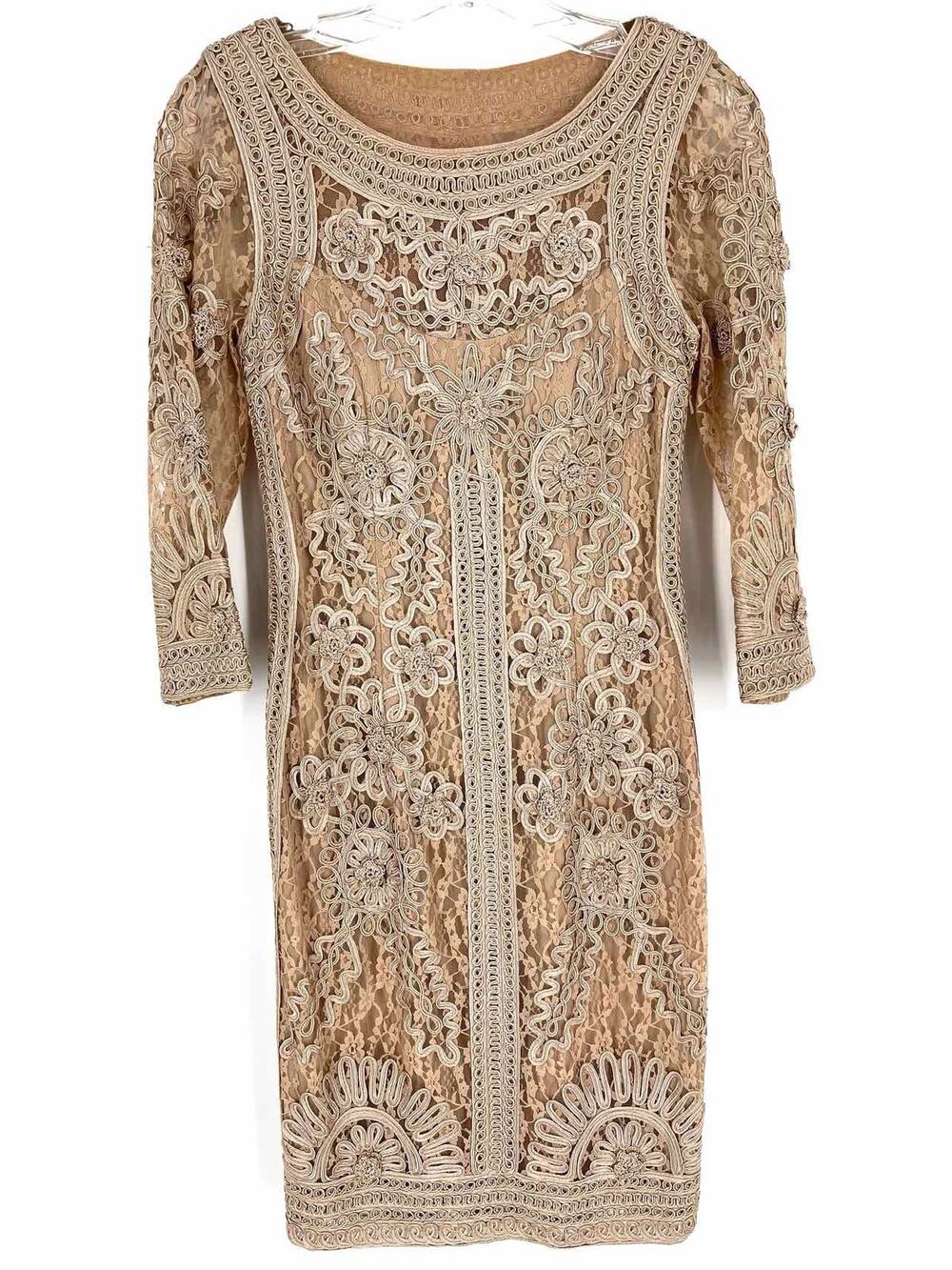 Sue Wong Nocturne Size 6 Lt Brown Soutache Lace Designer Dress